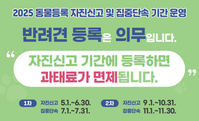 2025 동물등록 자진신고 및 집중단속 기간 운영
반려견 등록은 의무입니다.