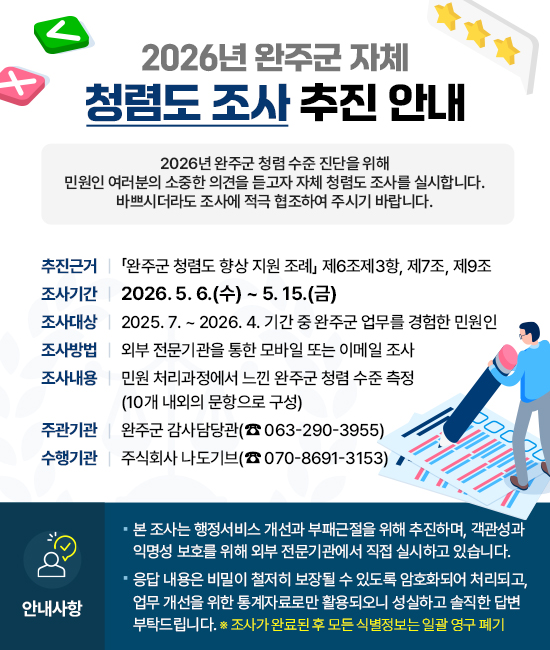 2026년 완주군 자체 청렴도 조사 추진 안내