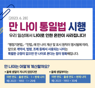 만 나이 통일법 시행
우리 일상에서 나이로 인한 혼란이 사라집니다!
행정기본법, 민법에 만 나이 계산 및 표시 원칙이 명시됨에 따라,
앞으로 계약서, 법령, 조례 등에서 사용되는 나이는
특별한 규정이 없으면 만 나이로 본다는 점이 명확해집니다.