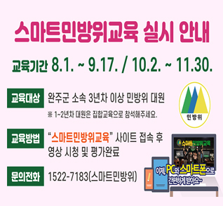 스마트민방위교육 실시 안내
교육기간 8.1.~9.17. / 10.2.~11.30.
교육대상: 완주군 소속 3년차 이상 민방위 대원
※1~2년차 대원은 집합교육으로 참석해주세요.
교육방법: 스마트민방위교육 사이트 접속 후 영상 시청 및 평가완료
문의전화: 1522-7183(스마트민방위)