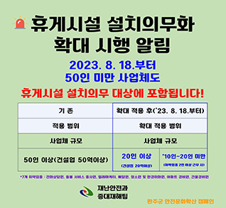 휴게시설 설치의무화 확대 시행 알림
2023.8.18.부터 50인 미만 사업체도
휴게시설 설치의무 대상에 포함됩니다!